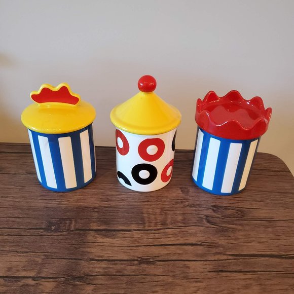 Waechtersbach Other - Vintage Waechtersbach Canister Set, made in Spain, Colorful Stripes Dots Rooster